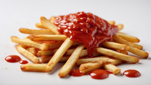 Imagen de alta calidad de patatas fritas crujientes con un ketchup rojo en un fondo limpio