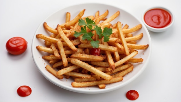 Imagen de alta calidad de patatas fritas crujientes con un ketchup rojo en un fondo limpio