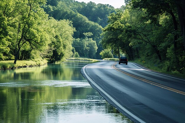 Foto una imagen de alta resolución de una carretera panorámica a lo largo de un río durante el verano con árboles verdes exuberantes y aguas claras y tranquilas mientras un coche pasa