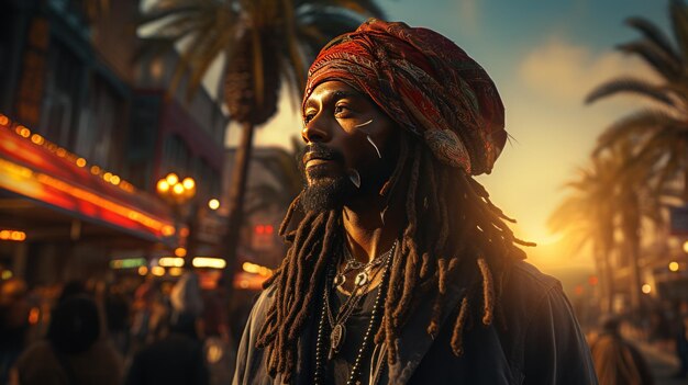 Una imagen de alta resolución de un hombre Rasta caminando por una vibrante calle de la ciudad de la playa de California desde las puertas galácticas del cielo nocturno cerradas con IA generativa