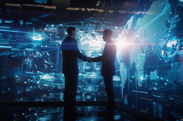 Una imagen de alta resolución que captura a un hombre de negocios estrechando la mano con un socio frente a una pantalla digital futurista que muestra los mercados globales AI Generative