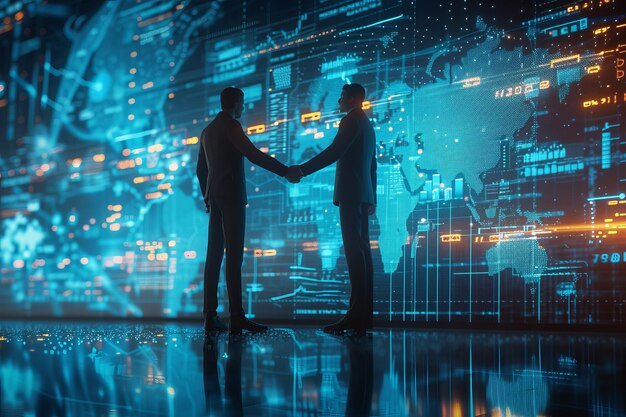 Una imagen de alta resolución que captura a un hombre de negocios estrechando la mano con un socio frente a una pantalla digital futurista que muestra los mercados globales AI Generative