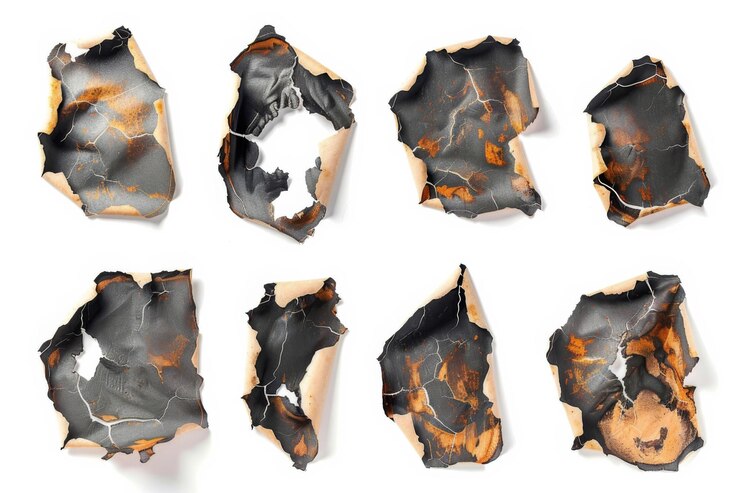 Imagen de alta resolución que muestra diferentes piezas de papel quemado con bordes rasgados y texturas carbonizadas sobre un fondo blanco