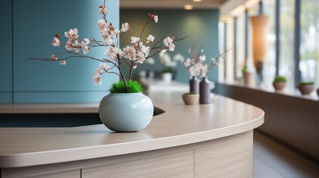 Imagen altamente estética de un pequeño árbol de sakura en una olla en el mostrador de la oficina