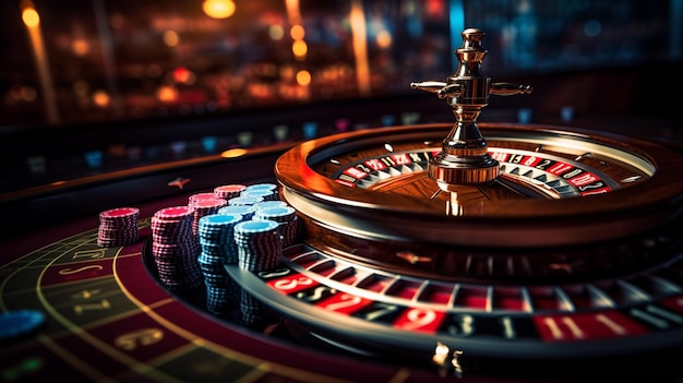 Imagen de alto contraste de la ruleta del casino en movimiento IA generativa