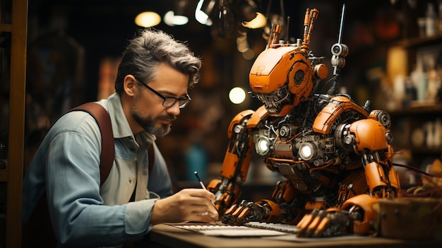 Una imagen amplia de un robot moderno ayudando a un hombre en la reparación