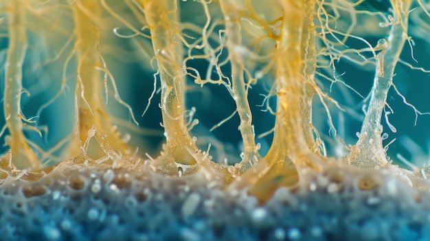 Foto imagen ampliada de la punta de una raíz que muestra los pequeños pelos de la raíz que absorben agua y nutrientes de la