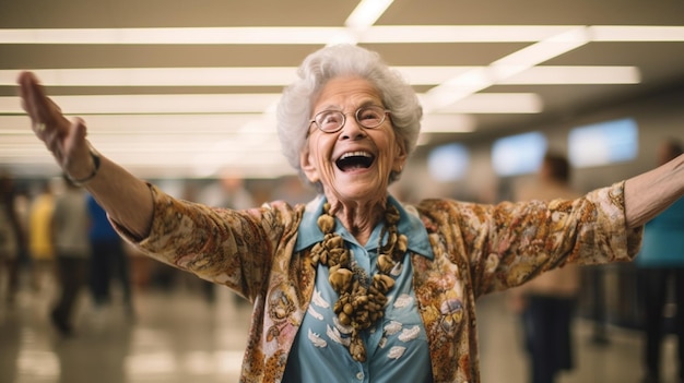 Imagen de una anciana muy feliz en la terminal del aeropuerto