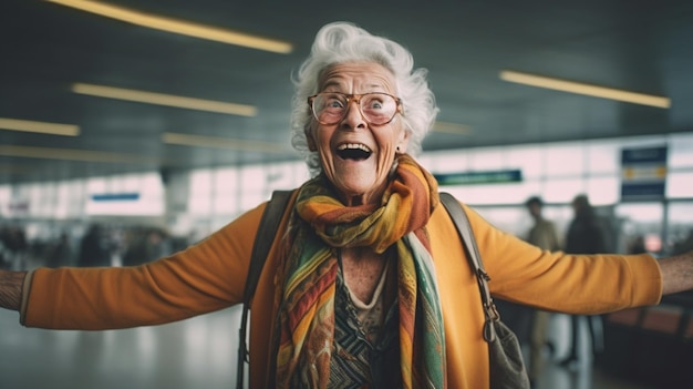 Imagen de una anciana muy feliz en la terminal del aeropuerto