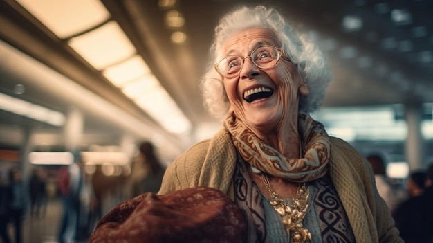 Imagen de una anciana muy feliz en la terminal del aeropuerto