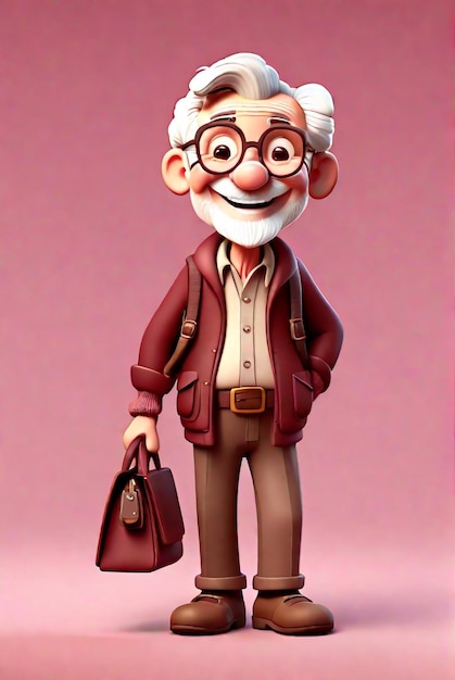 Foto imagen de un anciano sonriente en 3d, ilustración de un personaje aislado en un fondo de color