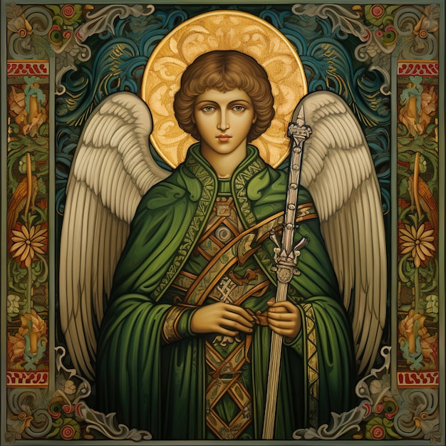 una imagen de un ángel con una espada en el medio