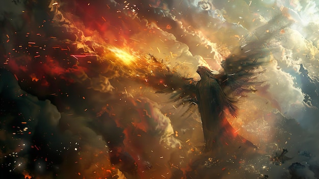 una imagen de un ángel con un fuego en el fondo