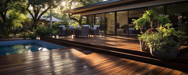 Imagen de ángulo bajo del patio de madera de una casa contemporánea con cubierta de madera tropical