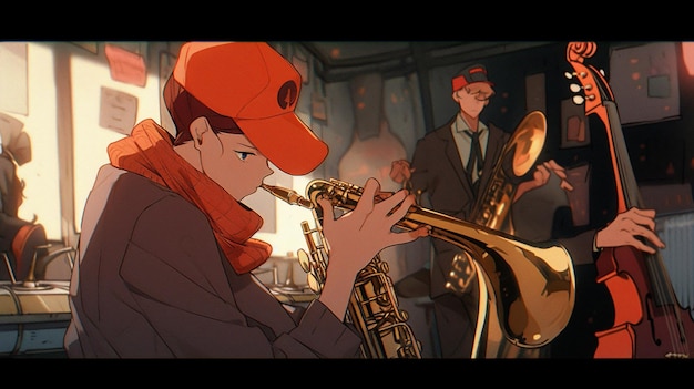 Imagen de anime de un hombre tocando una trompeta y un saxofón ai generativo