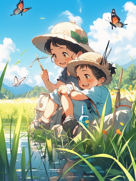 Imagen de anime de un niño y una niña sentados en una roca en un campo ai generativo