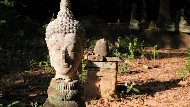 Imagen de la antigua cabeza de Thai Lanna Buddha en el templo de la cueva en Chaingmai Tailandia