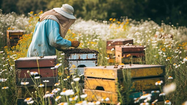 Una imagen de un apicultor en un traje de protección rodeado de colmenas en un campo de manzanilla