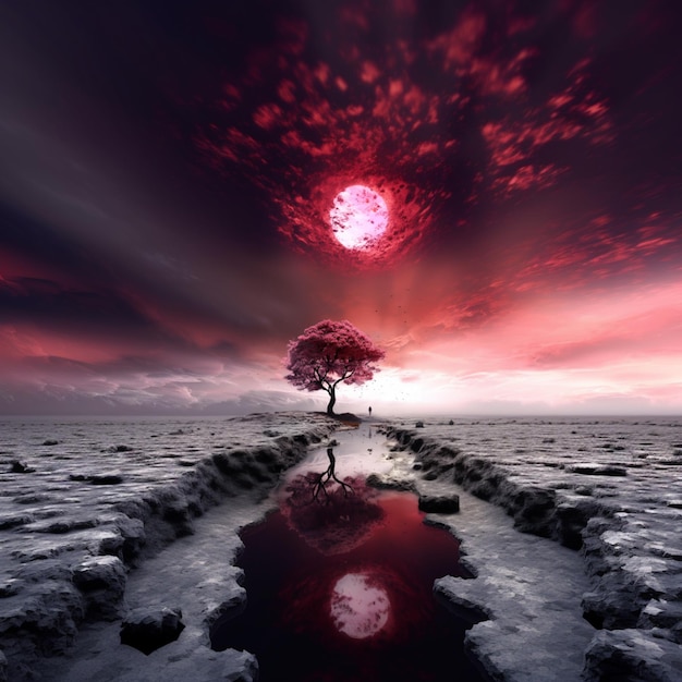 Imagen arafed de un árbol solitario en una llanura árida con un cielo rojo ai generativo