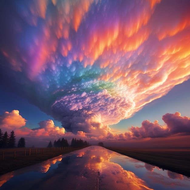 imagen arafed de una carretera con un charco de agua y una nube colorida ai generativo