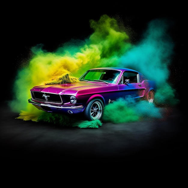 Imagen de Arafed de un colorido Mustang con humo saliendo de él