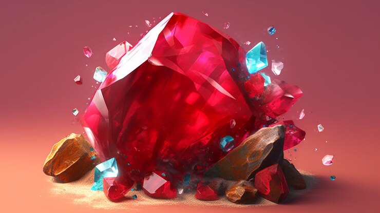 Foto imagen arafed de un diamante rojo rodeado de rocas y piedras ai generativo.