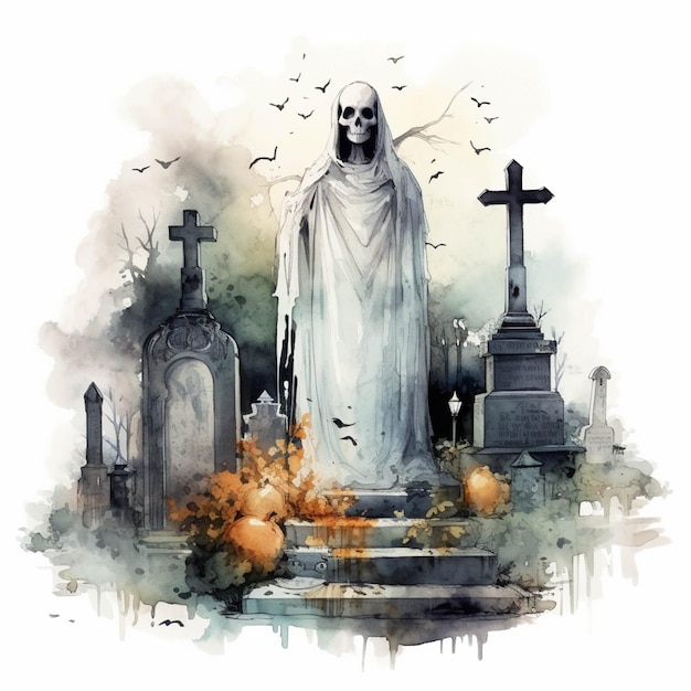 Imagen de Arafed de un fantasma parado frente a un cementerio generativo ai