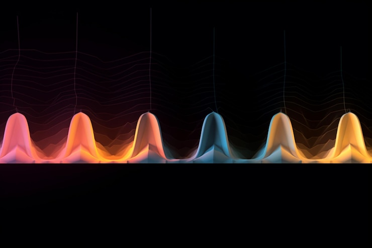 Foto imagen de arafed de una fila de luces de colores sobre un fondo negro ai generativo