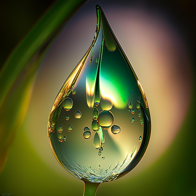 Foto imagen de arafed de una gota de agua con un fondo verde generativo ai