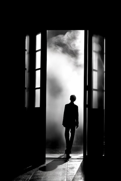 Imagen de Arafed de un hombre parado en una puerta con una nube en el fondo ai generativo