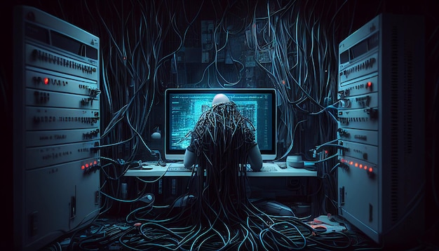 Imagen de Arafed de un hombre en la sala de computadoras con cables generativos ai