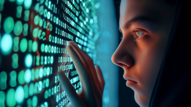 Imagen de Arafed de una mujer mirando una pantalla de computadora
