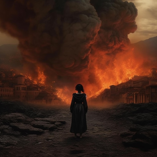 Imagen de Arafed de una mujer con un vestido largo de pie frente a un generador de fuego ai