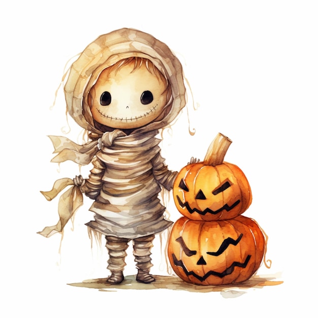 Imagen de Arafed de un niño pequeño vestido como un esqueleto y un ai generativo de calabaza.