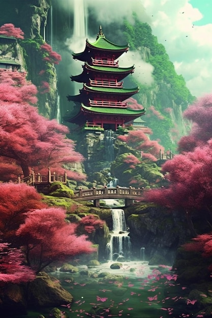 Imagen de Arafed de una pagoda en un hermoso paisaje con una cascada generativa ai