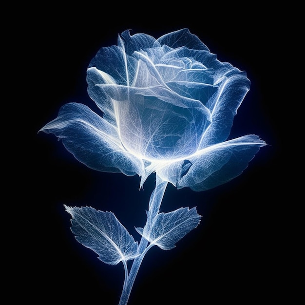 Imagen de Arafed de una rosa azul con hojas sobre un fondo negro ai generativo