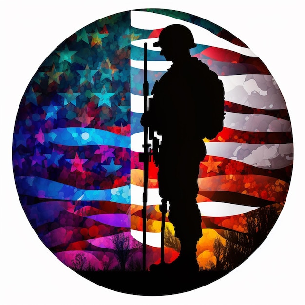 Imagen de Arafed de un soldado con un rifle frente a una bandera americana generativa ai