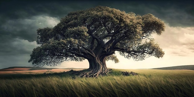 Imagen de un árbol anciano en una pradera cubierta de hierba