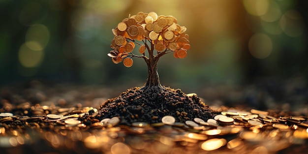 Imagen de un árbol de dinero construido con monedas.