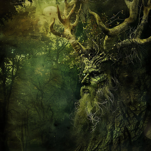 una imagen de un árbol con un fondo verde con una criatura espeluznante en la parte superior