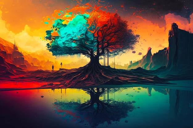 Una imagen de un árbol en medio de un paisaje colorido IA generativa