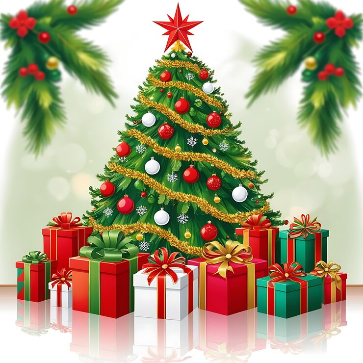 una imagen de un árbol de Navidad con regalos debajo