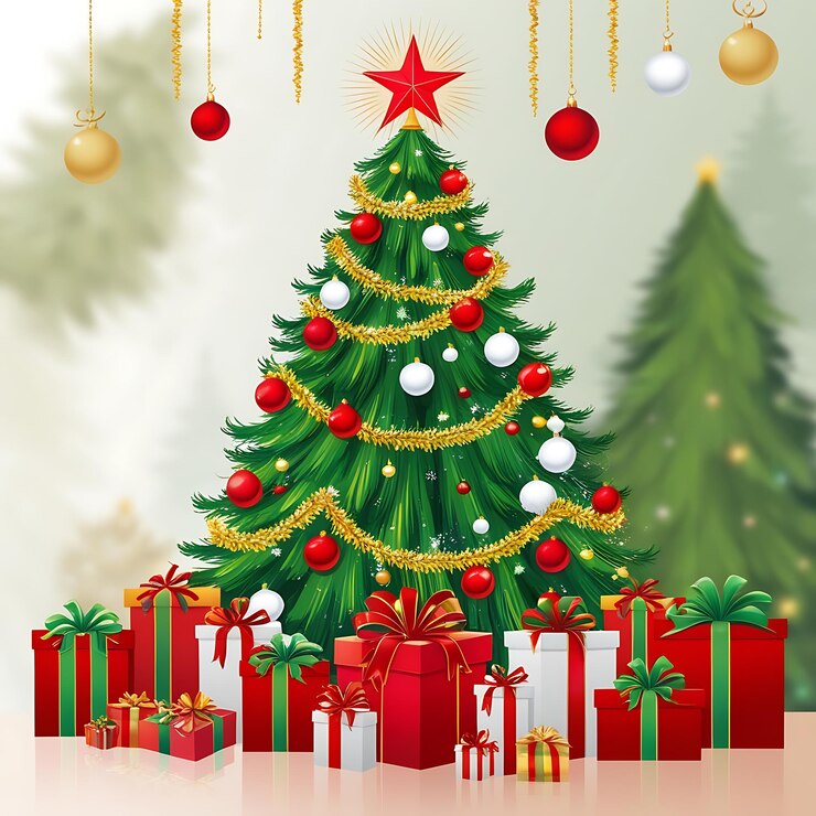 una imagen de un árbol de Navidad con regalos y una estrella en la pared