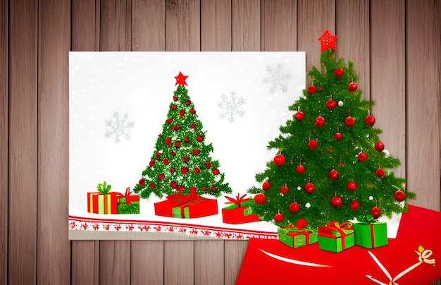 Foto una imagen de un árbol de navidad y regalos en un fondo de madera
