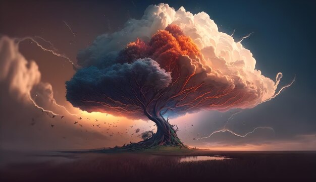 Una imagen de un árbol con una nube y un rayo.