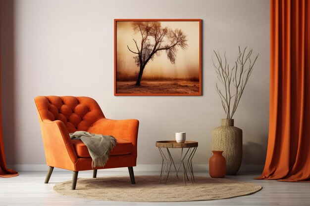 Una imagen de un árbol en una pared con un jarrón sobre la mesa.