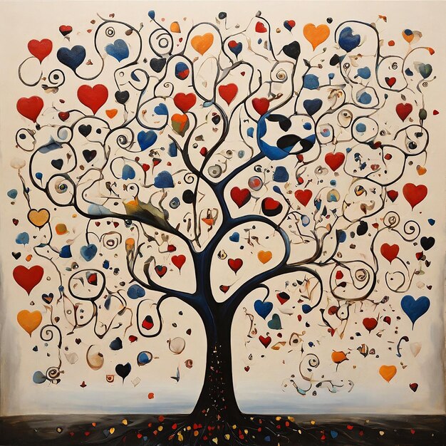 Foto imagen de un árbol de la vida con pétalos de corazones al estilo de joan miro y gustav