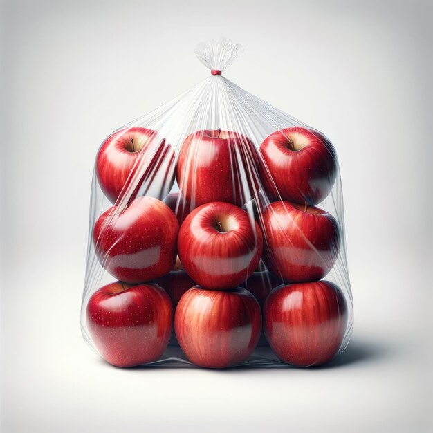 Imagen de archivo hiperrealista manzanas rojas frescas en una bolsa transparente aisladas sobre un fondo blanco