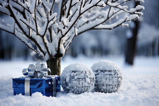 La imagen de archivo muestra un hermoso árbol de Navidad con regalos envueltos debajo Azul plateado