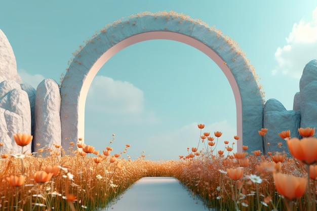 una imagen de un arco cubierto de flores en medio de un campo